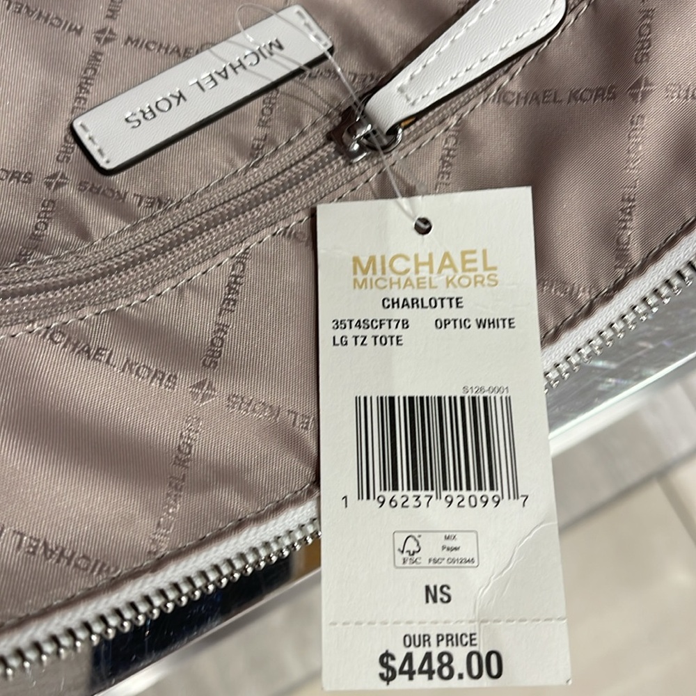 Michael Kors Charlotte Large Logo and Leather Top-Zip Tote Bag
Optic White 
NWT - Picture 10 of 16